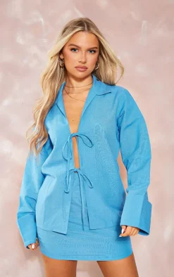 Clearance PrettyLittleThing Linen Look Double Tie Front Shirt Bright Blue
