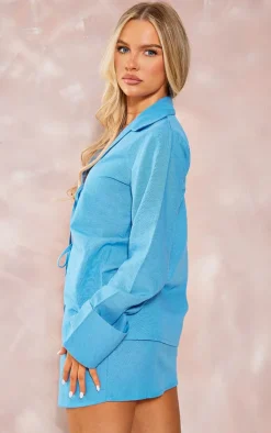 Clearance PrettyLittleThing Linen Look Double Tie Front Shirt Bright Blue
