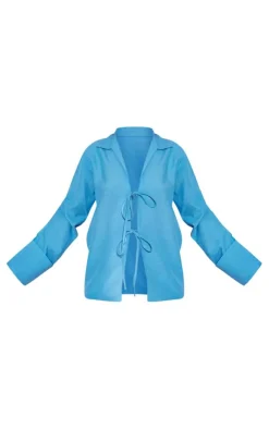 Clearance PrettyLittleThing Linen Look Double Tie Front Shirt Bright Blue