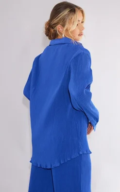 Hot PrettyLittleThing Plisse Button Front Oversized Shirt Bright Blue