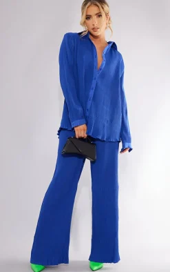 Hot PrettyLittleThing Plisse Button Front Oversized Shirt Bright Blue