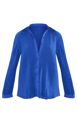 Hot PrettyLittleThing Plisse Button Front Oversized Shirt Bright Blue