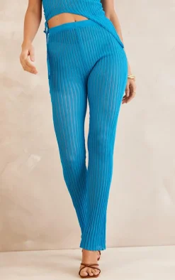 New PrettyLittleThing Sheer Knit Kick Flare Pants Bright Blue