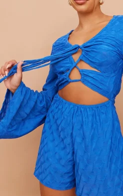 Bright Blue Textured Flare Sleeve Lace Up Romper