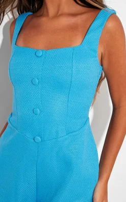 Bright Blue Tweed Button Up Square Neck Romper