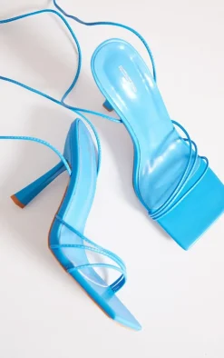 PrettyLittleThing Wide Fit Sandals*Wide Fit PU Square Toe Croc Strap Lace Up Mid Heeled Sandals