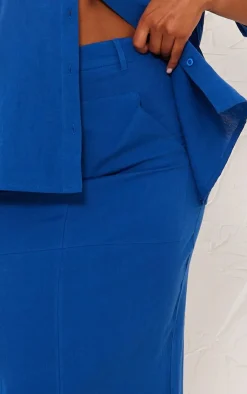 Hot PrettyLittleThing Woven High Waist Split Hem Midi Skirt Bright Blue