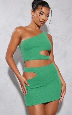 Clearance PrettyLittleThing Crinkle Rib One Shoulder Cut Out Crop Top Bright Green