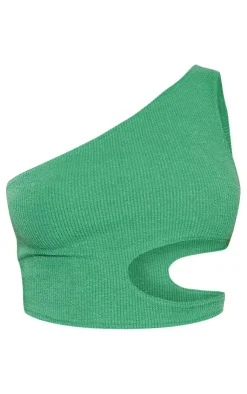 Clearance PrettyLittleThing Crinkle Rib One Shoulder Cut Out Crop Top Bright Green