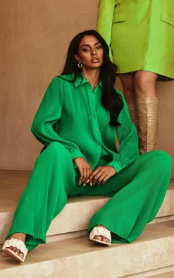 Sale PrettyLittleThing Bright Plisse Button Front Oversized Shirt Green