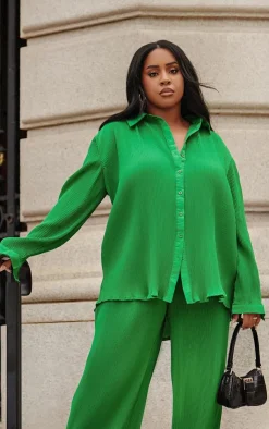 Sale PrettyLittleThing Bright Plisse Button Front Oversized Shirt Green