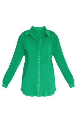 Sale PrettyLittleThing Bright Plisse Button Front Oversized Shirt Green