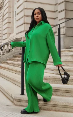 Clearance PrettyLittleThing Bright Plisse High Waisted Wide Leg Pants Green