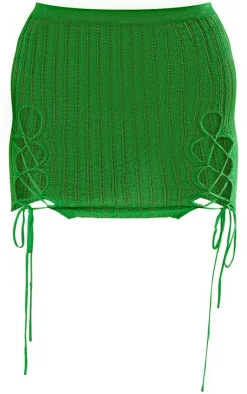 Sale PrettyLittleThing Sheer Knit Lace Up Mini Skirt Bright Green