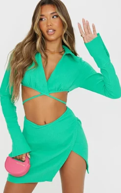 Discount PrettyLittleThing Waffle Tie Crop Top Bright Green