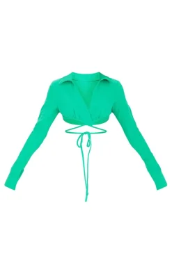 Discount PrettyLittleThing Waffle Tie Crop Top Bright Green