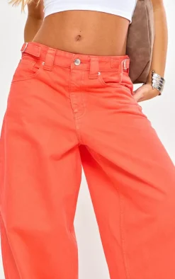 Bright Orange Adjustable Detail Wide Leg Denim Jeans