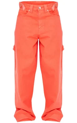 Bright Orange Adjustable Detail Wide Leg Denim Jeans