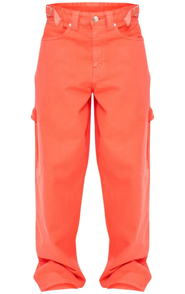 Bright Orange Adjustable Detail Wide Leg Denim Jeans