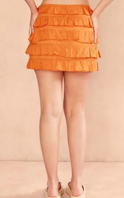 Bright Orange Cotton Poplin Multi Tiered Mini Skirt