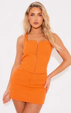Best PrettyLittleThing Denim Contrast Stitch Corset Top Bright Orange