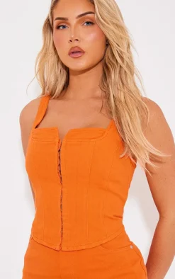 Best PrettyLittleThing Denim Contrast Stitch Corset Top Bright Orange