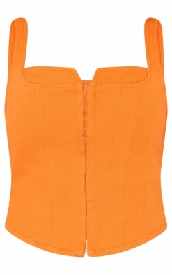 Best PrettyLittleThing Denim Contrast Stitch Corset Top Bright Orange