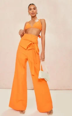 Sale PrettyLittleThing Linen Look Oversized Belted High Waisted Wide Leg Pants Bright Orange