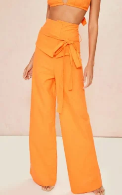 Sale PrettyLittleThing Linen Look Oversized Belted High Waisted Wide Leg Pants Bright Orange