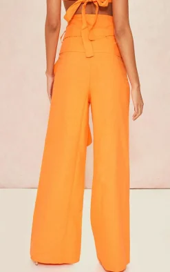 Sale PrettyLittleThing Linen Look Oversized Belted High Waisted Wide Leg Pants Bright Orange