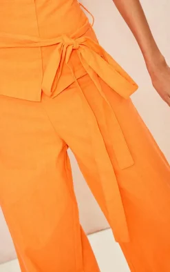 Sale PrettyLittleThing Linen Look Oversized Belted High Waisted Wide Leg Pants Bright Orange
