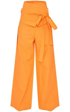 Sale PrettyLittleThing Linen Look Oversized Belted High Waisted Wide Leg Pants Bright Orange