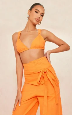 New PrettyLittleThing Linen Look Tie Back Micro Triangle Bralet Bright Orange