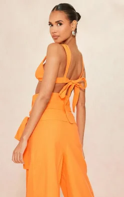 New PrettyLittleThing Linen Look Tie Back Micro Triangle Bralet Bright Orange