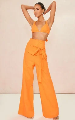 New PrettyLittleThing Linen Look Tie Back Micro Triangle Bralet Bright Orange