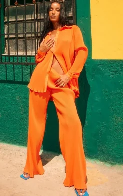 Hot PrettyLittleThing Plisse High Waisted Wide Leg Pants Bright Orange