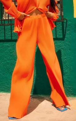 Hot PrettyLittleThing Plisse High Waisted Wide Leg Pants Bright Orange