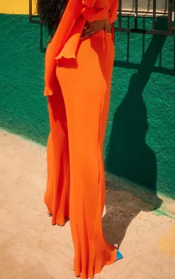 Hot PrettyLittleThing Plisse High Waisted Wide Leg Pants Bright Orange
