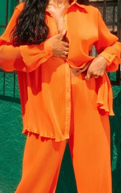 Hot PrettyLittleThing Plisse High Waisted Wide Leg Pants Bright Orange