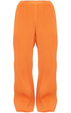 Hot PrettyLittleThing Plisse High Waisted Wide Leg Pants Bright Orange