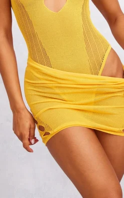 Discount PrettyLittleThing Sheer Knit Cut Out Panels Mini Skirt Bright Orange