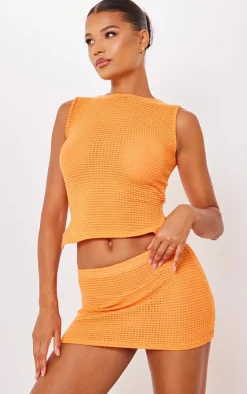 PrettyLittleThing Sheer Waffle Low Rise Micro Mini Skirt Bright Orange
