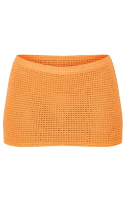 PrettyLittleThing Sheer Waffle Low Rise Micro Mini Skirt Bright Orange