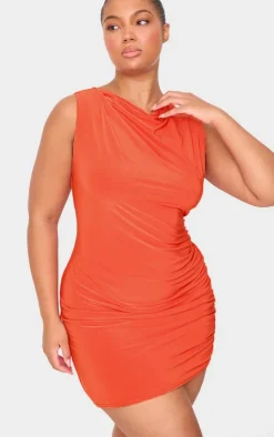 Slinky Ruched Shoulder Racer Neck Bodycon Dress-PrettyLittleThing New