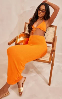New PrettyLittleThing Soft Knit Midaxi Skirt Bright Orange