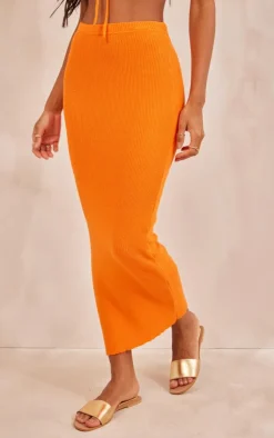 New PrettyLittleThing Soft Knit Midaxi Skirt Bright Orange