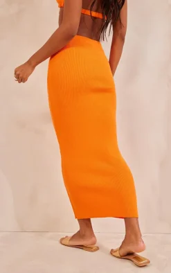New PrettyLittleThing Soft Knit Midaxi Skirt Bright Orange