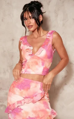 PrettyLittleThing Chiffon Floral Print Ruffle Plunge Top Bright Pink