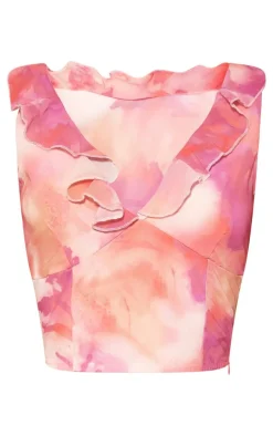 PrettyLittleThing Chiffon Floral Print Ruffle Plunge Top Bright Pink