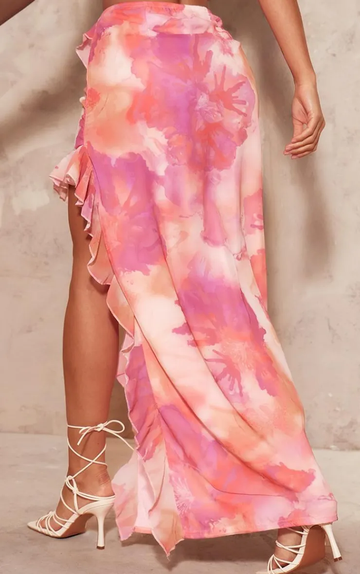 Online PrettyLittleThing Chiffon Floral Print Ruffle Maxi Skirt Bright Pink